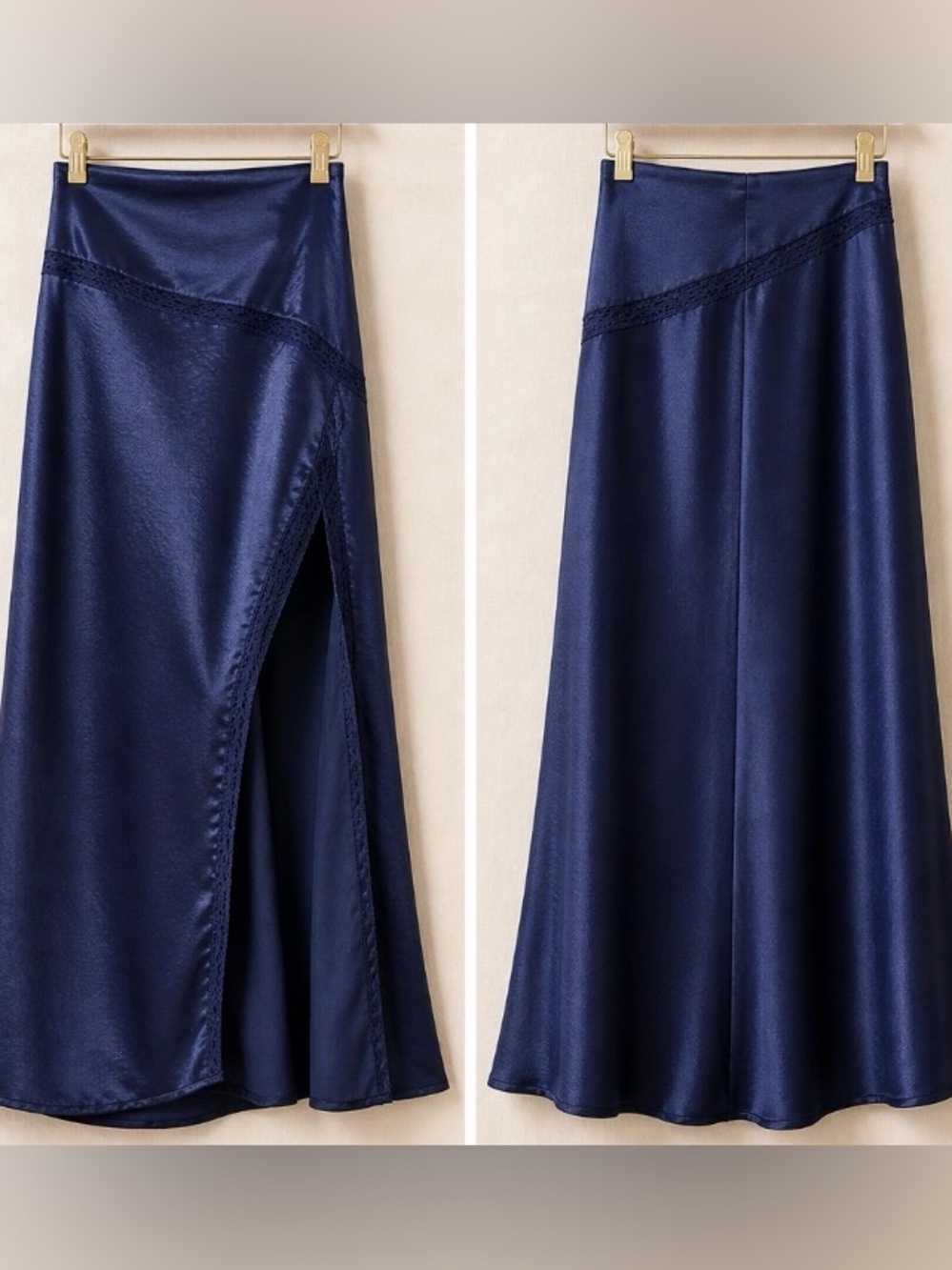 Free People "Satin" Midi Skirt Blue Thigh High Slit Lace Trim Size 4